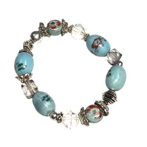 Light Blue Glass Beaded Stretch Bracelet Handmade Boho Jewelry - Picture 3 of 7